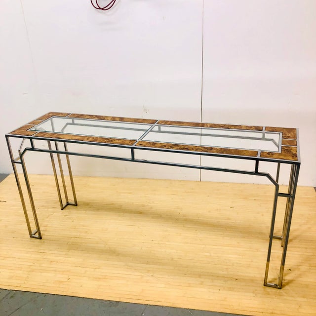 Milo Baughman Console Table | Burlwood Chrome and Glass For Sale - Image 11 of 11