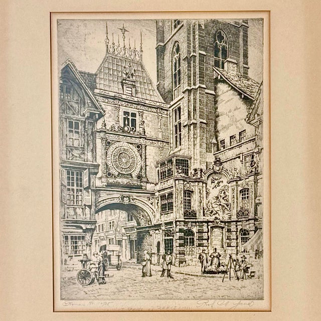1930s French Cityscape Etching “Gros Horloge” in Rouen, Signed W/ Art Deco Frame For Sale - Image 4 of 9