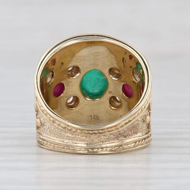 Vintage Ornate Emerald Ruby Diamond Ring 14k Yellow Gold Size 6.25 For Sale - Image 4 of 8