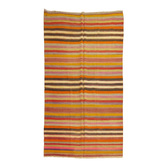 Vintage Striped Hand-Made Turkish Kilim - 4'10" x 8'4" For Sale