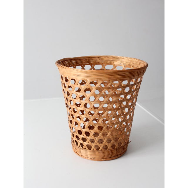Wood Vintage Open Weave Wicker Waste Basket For Sale - Image 7 of 12