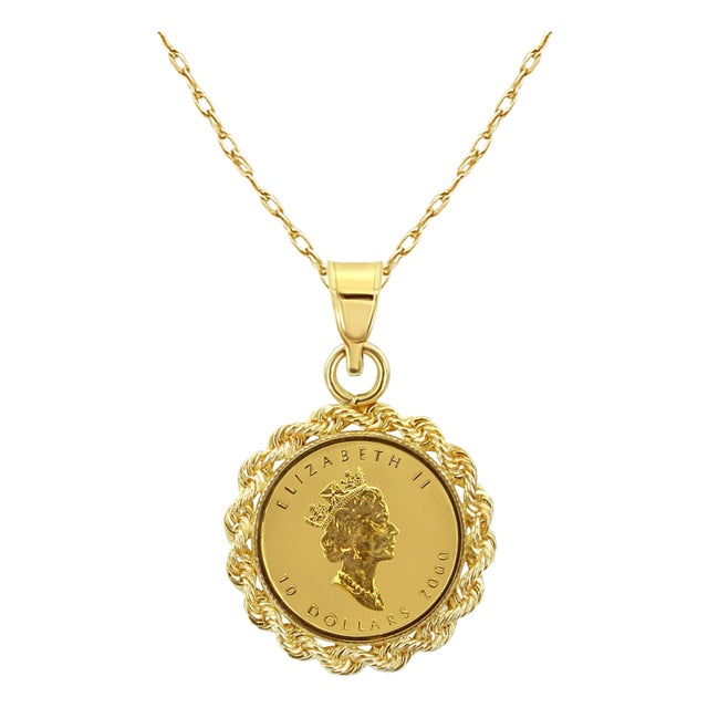 1/4OZ Queen Elizabeth Canadian Maple Leaf Necklace with Rope Bezel 16" For Sale