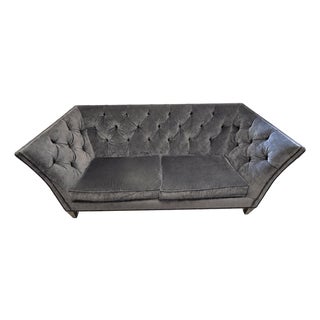 Ethan Allen Blue/Gray Tufted Shelton Sofa With Nailhead Trim For Sale