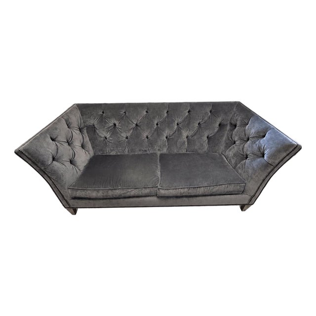 Ethan Allen Blue/Gray Tufted Shelton Sofa With Nailhead Trim For Sale