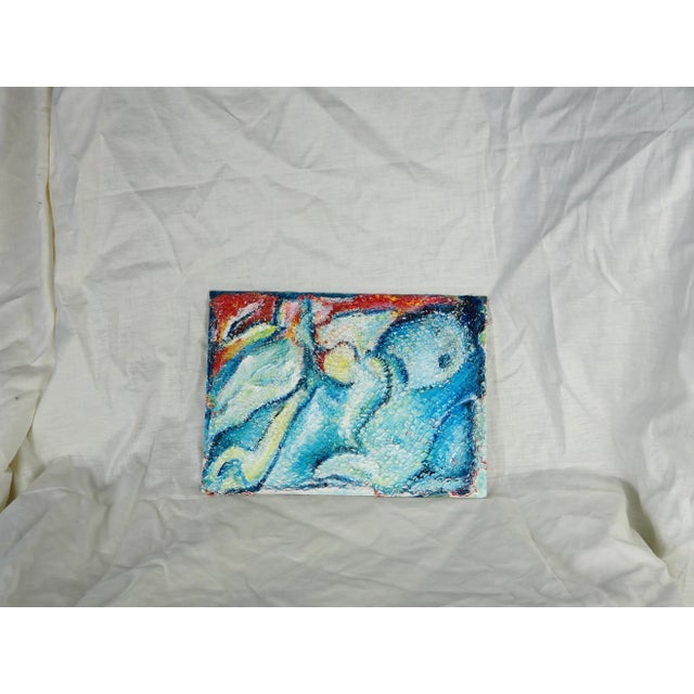 Blue Vintage French Christiane Berthaumier Abstract Oil Painting of a Submarine Evoking a Kraken For Sale - Image 8 of 11