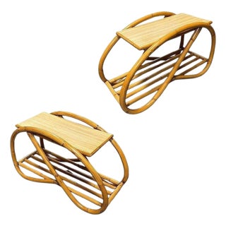 1950s Restored Mid-Century 3/4 Pretzel Rattan & Formica "Grasshopper" Side Table, Pair For Sale