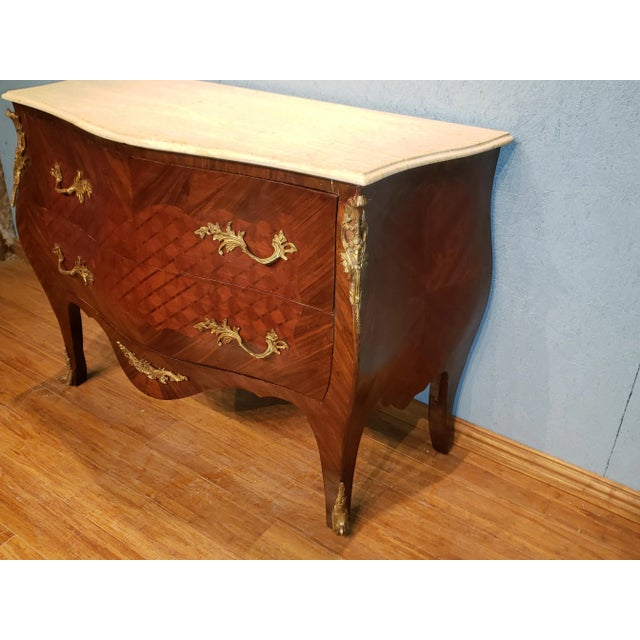 French Louis XV Style Marble Top Inlaid Bombe Chest For Sale - Image 3 of 13