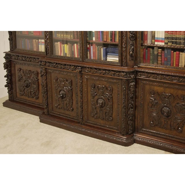 Victorian Carved Oak Breakfront Bookcase, 1870s For Sale - Image 5 of 18