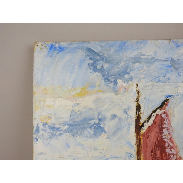 Vintage mid 20th century oil on canvas board modernist painting of sailboats in harbor. Unsigned, impasto palette knife...