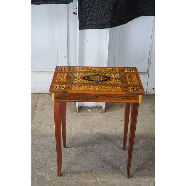 Brown Mid 20th Century 2 Italian Inlaid Marquetry Musical Side Tables Pair Santa Lucia Music Box For Sale - Image 8 of 15