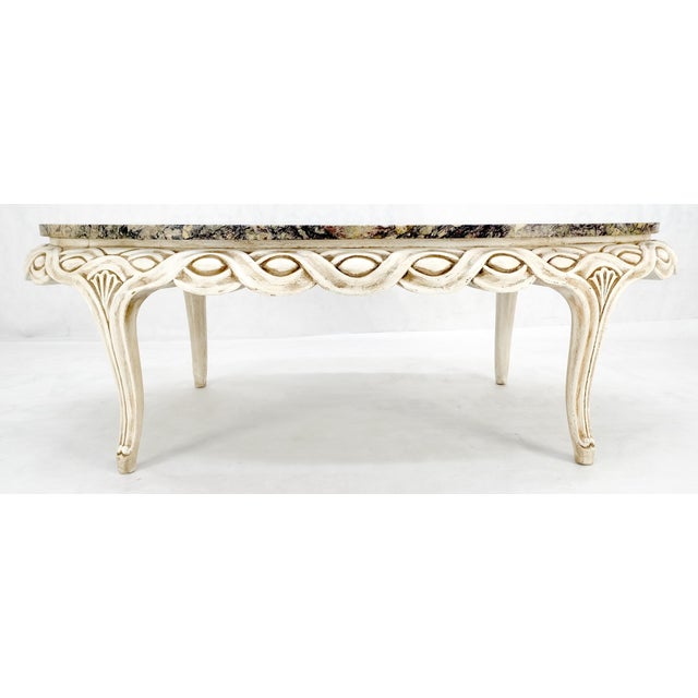Mid-Century Modern Braided Bezel Oval Marble Top White Pickle Finish French Provincial Coffee Table For Sale - Image 3 of 9