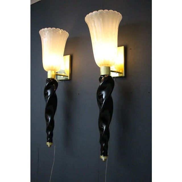 Gold and Black Murano Glass Sconces in the style of Barovier, 1990, Set of 2 For Sale - Image 4 of 17