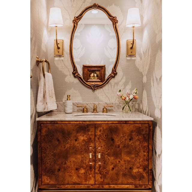 Worlds Away Matthew Izzo Home Clifford 36.5" Dark Burlwood Single Porcelain Sink, Two Door Bath Vanity With Carrara Marble, Brass Base and Acrylic Hardware For Sale - Image 4 of 9