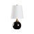 This matte black lamp features decorative orbs along the sides, adding a sculptural touch to its sleek, modern design....