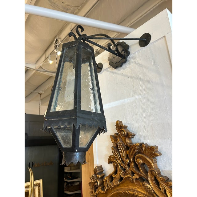 Vintage Iron Lantern Wall Sconces With Glass Seeded Panels - a Pair For Sale - Image 9 of 17