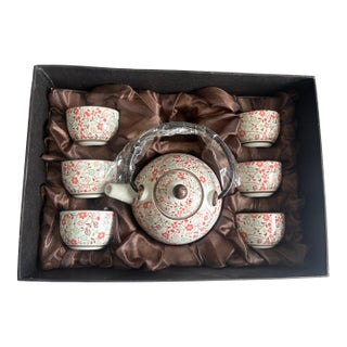 Fine Jingdezhen Hand-Painted Floral Porcelain Tea Set, Complete Boxed Gift Set For Sale