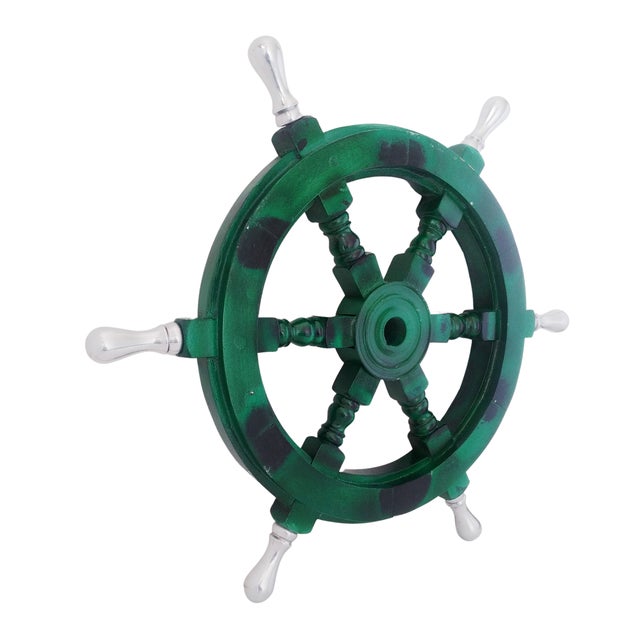 Vintage Nautical Handcrafted Green Wooden Ship Wheel With Aluminium Hub & Handle For Sale - Image 4 of 6