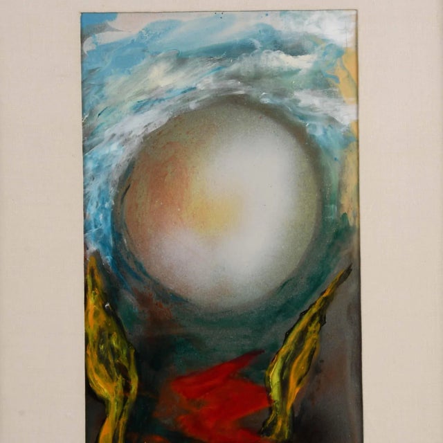 This Signed J. Akston "Rendezvous with the Moon, 1974" Enamel and Acrylic on paper presents a celestial composition...