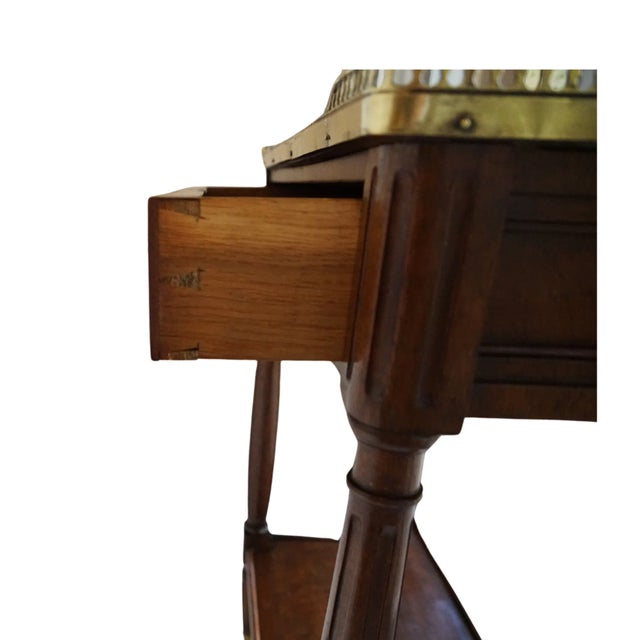 French Louis XVI Mahogany Server â€“ Carrara Marble Top, Brass Gallery & Tapered Legs For Sale - Image 9 of 12