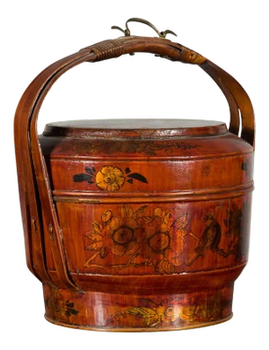 Chinese Early 20th Century Lidded Picnic Basket with Painted Birds and Flowers