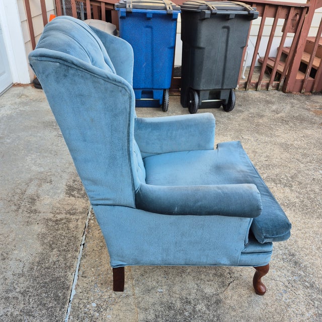1980s 1980s Tufted Blue Velvet Wing Back Arm Chair For Sale - Image 5 of 8