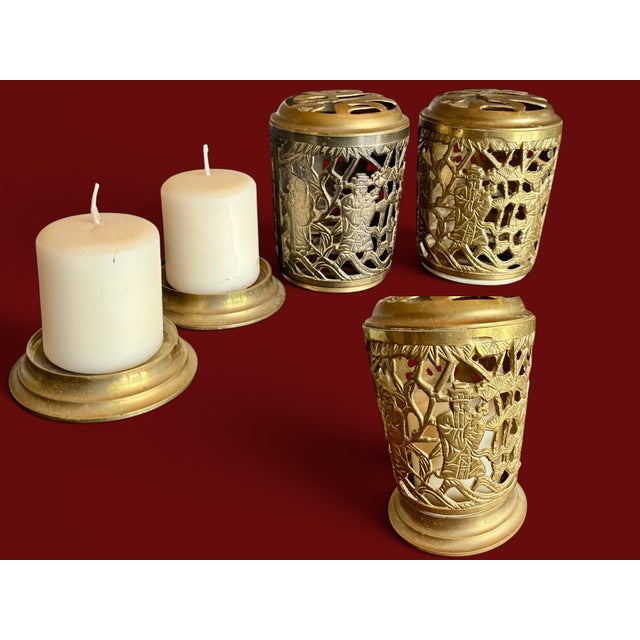 Vintage Brass Chinese Immortal Lanterns Pair-Candle-Incense Holders-Asian-Boho For Sale - Image 10 of 11