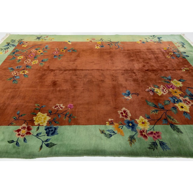 Brown Antique Art Deco Handmade Floral Chinese Green and Brown Wool Rug For Sale - Image 8 of 13