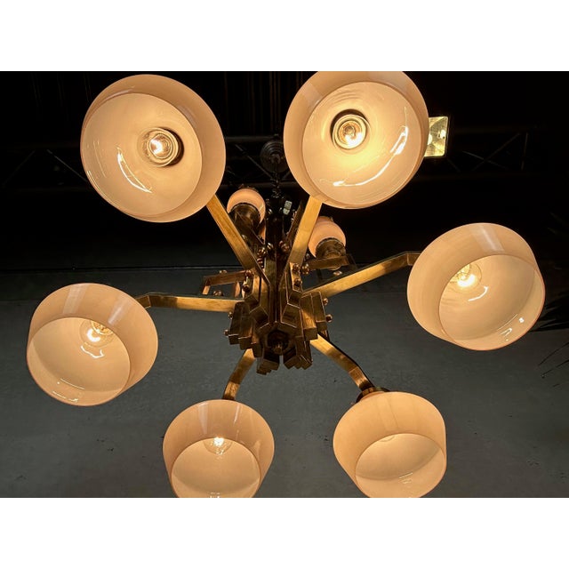 Gold Art Deco Chandelier in Opaline and Brass, 1930s For Sale - Image 8 of 18