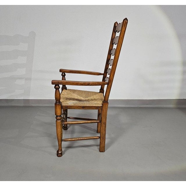 Rustic Oak Farmhouse Ladderback Dining Chairs with Rush Seats, 1960s, Set of 4 For Sale - Image 6 of 18