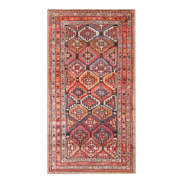 1880s Red Geometric Tribal Antique Persian Bijar Rug 4'4" X 8'4" Handknotted Wool Carpet For Sale