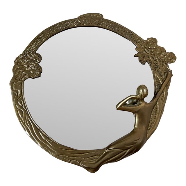Vintage Mid-Century Art Nouveau Cast Brass Figural Nymph Round Wall Mirror For Sale