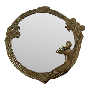 Vintage Mid-Century Art Nouveau Cast Brass Figural Nymph Round Wall Mirror