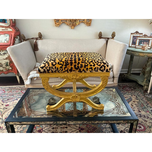 Wood Mid-Century Italian Neo-Classical Style Giltwood & Leopard Velvet X-Base Ottomans - Pair For Sale - Image 7 of 9
