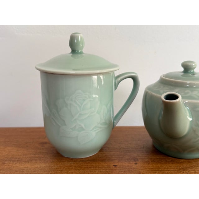 Realism Asian Celadon Tea Pot and Cup, Set of 2 For Sale - Image 3 of 7
