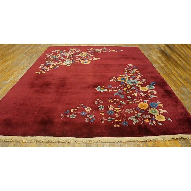 Antique Chinese Art Deco rug, size: 8'9" x 11'4". Antique Art Deco Chinese Floral Red 1930s Rug, Circa Date: 1930s. This...