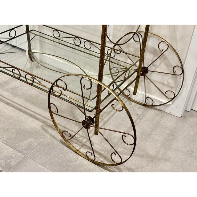Whimsical Mid‑Century Hollywood Regency TwoTier Brass Bar Cart Trolly For Sale - Image 9 of 9