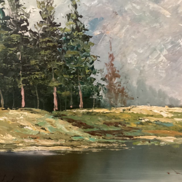 Original Painting of a Mountain Landscape with Lake and Evergreen Trees Signed Framed For Sale - Image 9 of 12