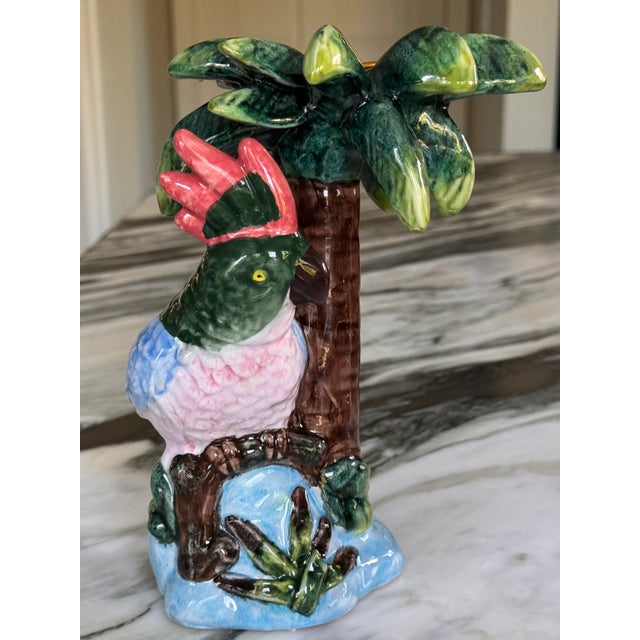 English LastChance!Vintage Parrot & Palm Tree Motif Candle Holder For Sale - Image 3 of 10