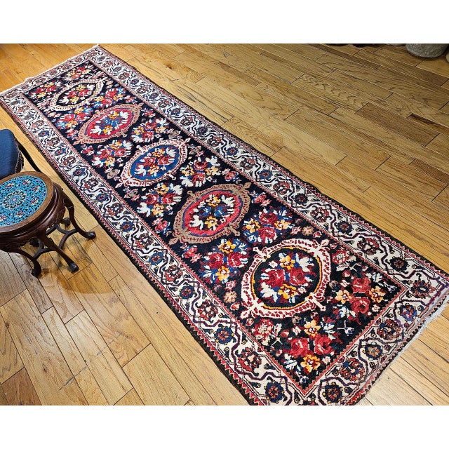 Textile Vintage Persian Bakhtiari Wide Runner, Handwoven Wool, Floral Bouquet Design, Navy & Red, 4x13 For Sale - Image 7 of 17