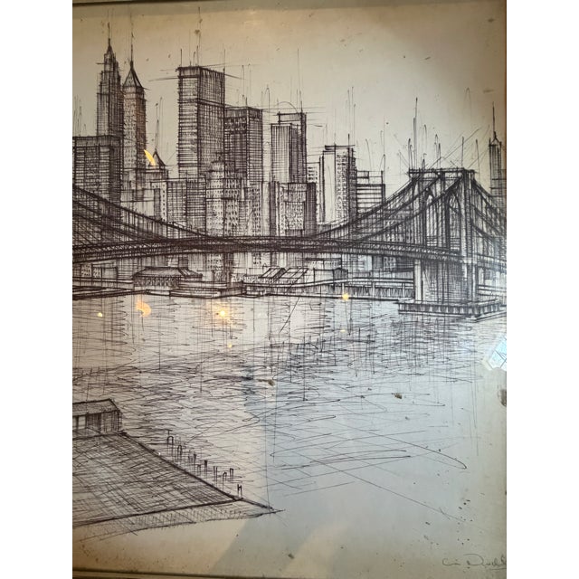 Vintage 1960s Framed Original Pencil & Ink Brooklyn Bridge Cityscape Drawing, Signed For Sale In Los Angeles - Image 6 of 10