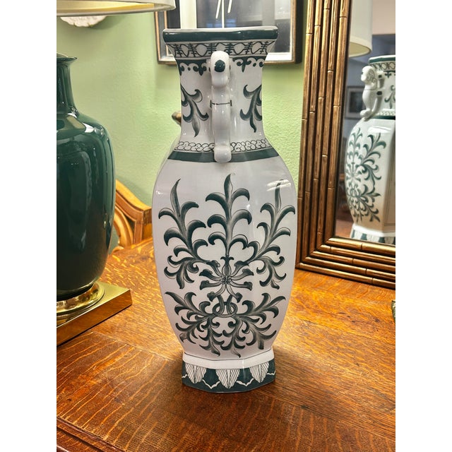 1970’s Andrea by Sadek Green and White Porcelain Chinoiserie Japanese Porcelain Scenic Vase 15.5” For Sale - Image 4 of 11
