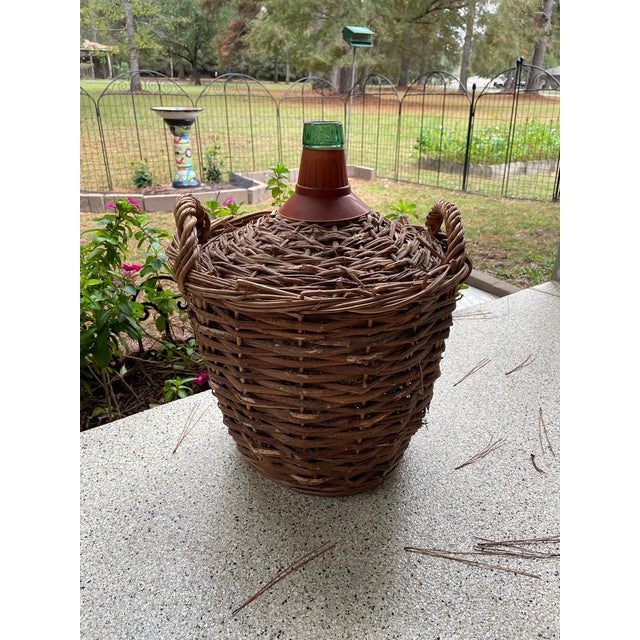 Brown Antique French Demijohn Wine Bottle Wicker Basket, C. 1900 For Sale - Image 8 of 12