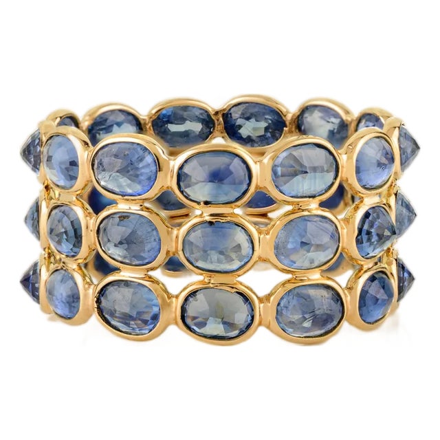 9.54 Ct Natural Blue Sapphire Triple Row Wide Band Ring Size 7 in 14k Gold For Sale