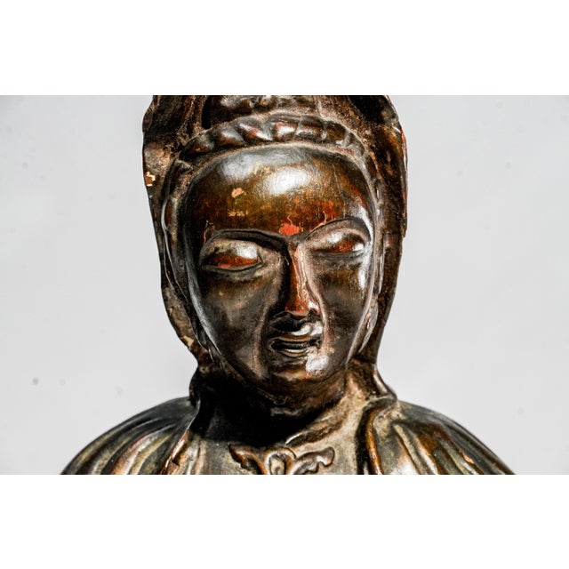 Hand Carved Large Antique Chinese Guanyin Wood Sculpture on Dragon Buddhist Asian Home Decor For Sale - Image 4 of 17