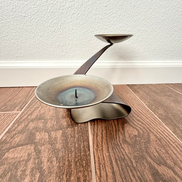 Gray Mid Century Vintage Brutalist Ferart Artisan Candelabra Steel Taper Candle Holder MCM For Sale - Image 8 of 12