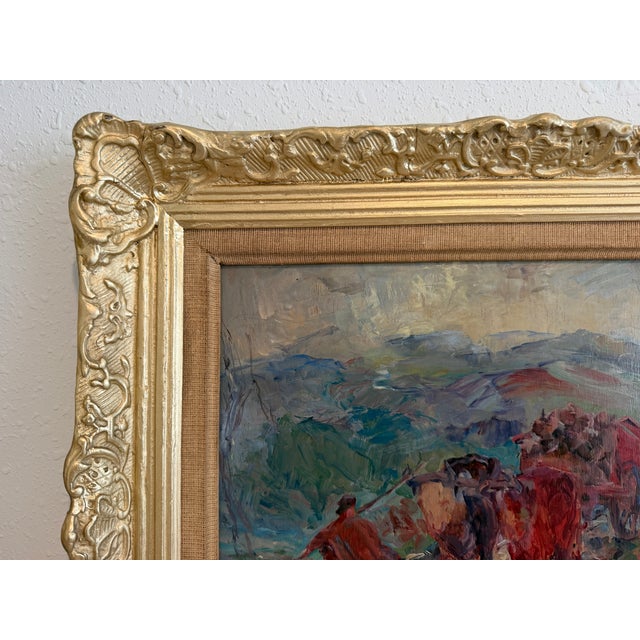 German School 1955 Signed Oil Painting Ox Cart Rural Landscape Framed Art For Sale - Image 9 of 10