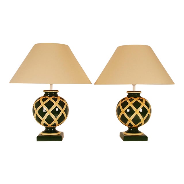 Vintage French Table Lamps Country Style Table Lamps Green Cream English - A Pair For Sale