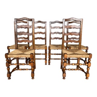 Attractive French Ladder Back Dining Chairs With Rush Woven Seats - Set of 6 For Sale