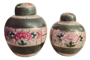 Vintage Greek Key Slate Green Pink Gold Brass Inlay Rose Medallion Chinoiserie Ginger Jars- A Pair