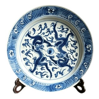 Chinese Ceramic Plate,Blue and White Porcelain Plate Hand Painted Dragon Pattern For Sale